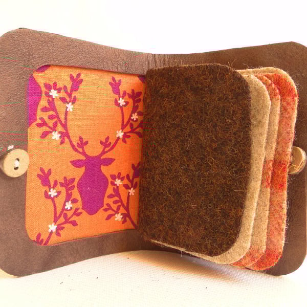 Stag Head Fabric Needle Case - Sewing Accessory - Brown Leather Needle Book 