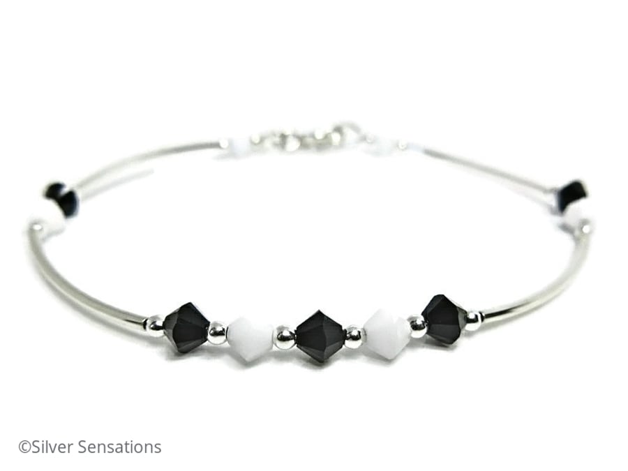 Black & White Swarovski Crystals & Sterling Silver Bangle Bracelet