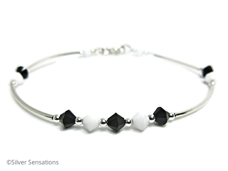 Black & White Swarovski Crystals & Sterling Silver Bangle Bracelet