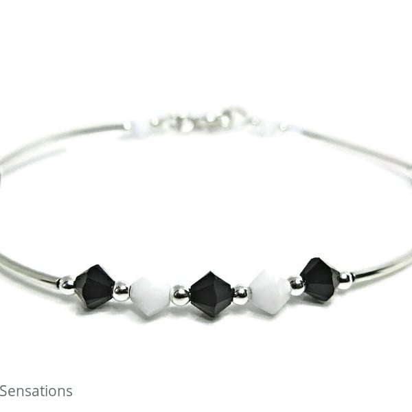 Black & White Swarovski Crystals & Sterling Silver Bangle Bracelet