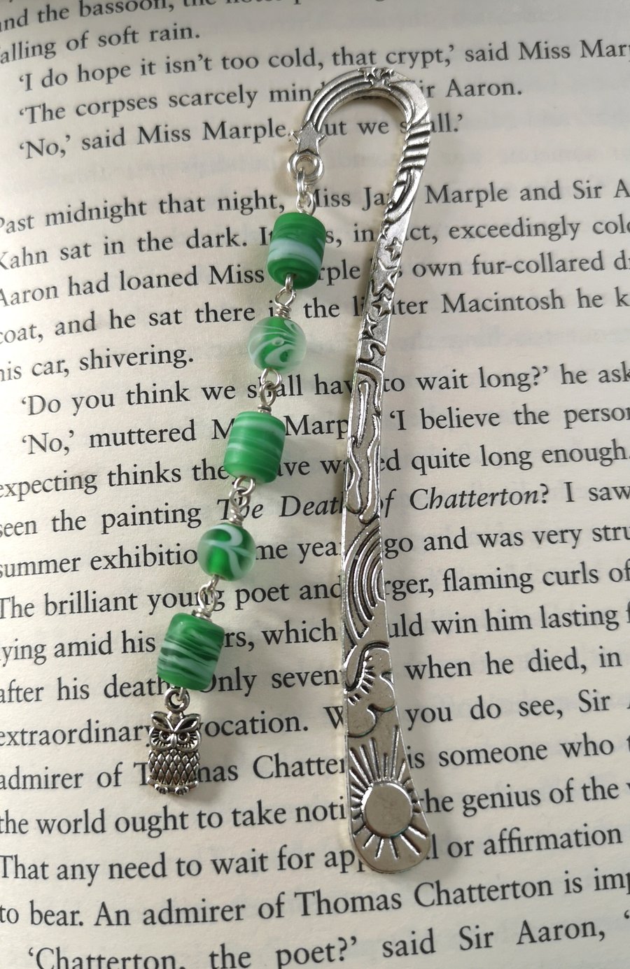 Owl bookmark with green beads