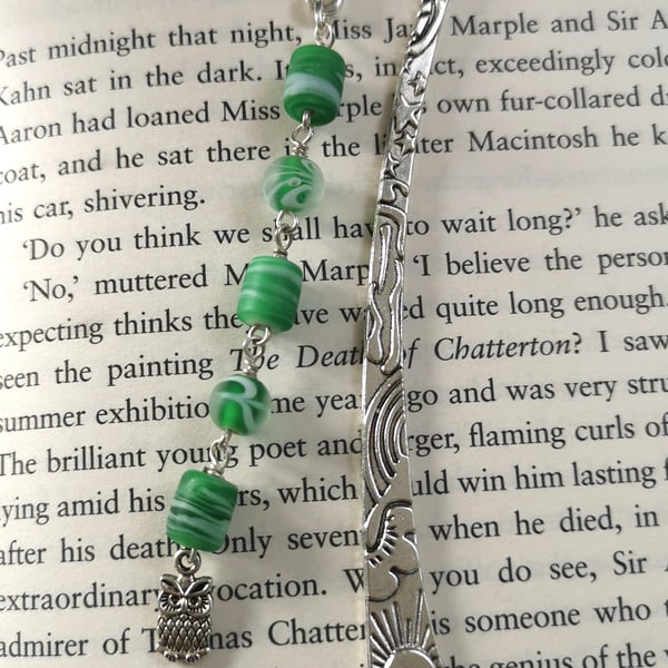 Owl bookmark with green beads