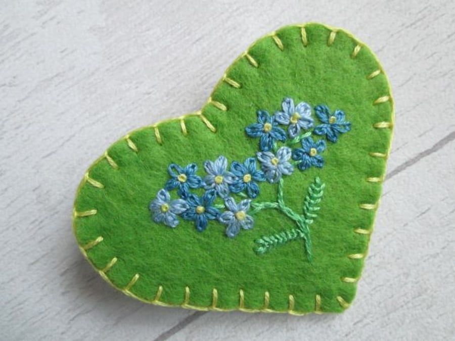SOLD - Hand Embroidered Forget Me Not Felt Heart Brooch