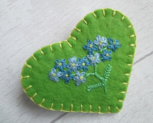 SOLD - Hand Embroidered Forget Me Not Felt Heart Brooch
