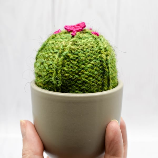 Hand Knitted Cactus with Pink Blooms in brown Pot -  Pin cushion