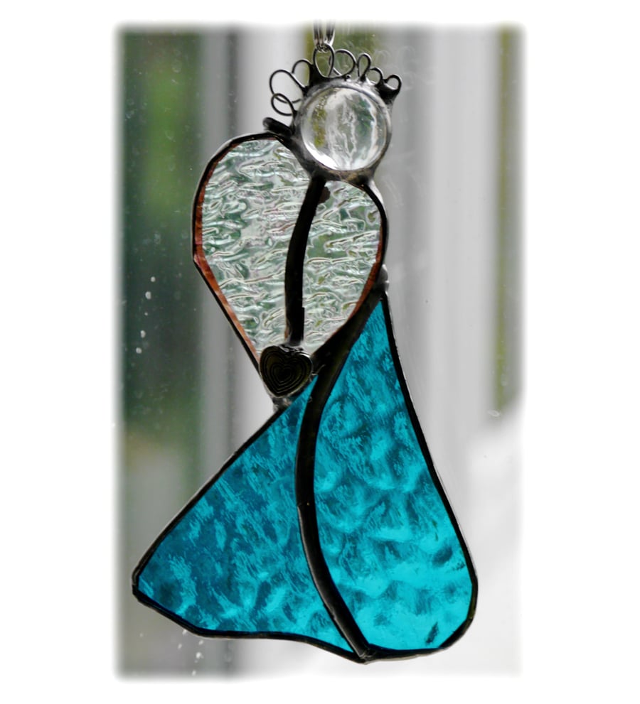 Angel Suncatcher Stained Glass Heart Turquoise Christmas 014