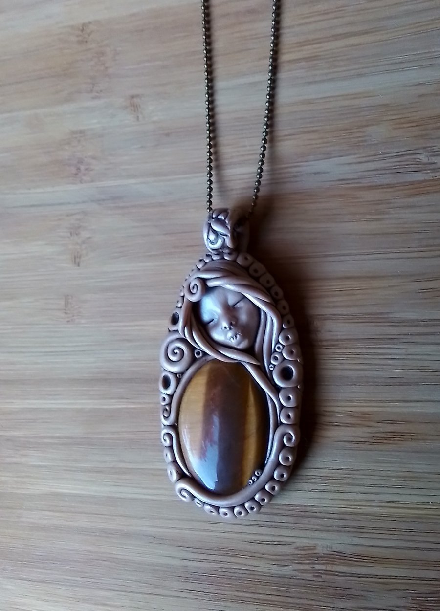 Tiger's Eye and Polymer Clay Goddess Amulet Pendant 