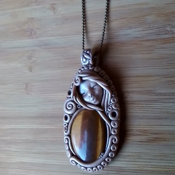 Tiger's Eye and Polymer Clay Goddess Amulet Pendant 
