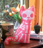 Spooky Cat Mini Cushion - Pink with white bones