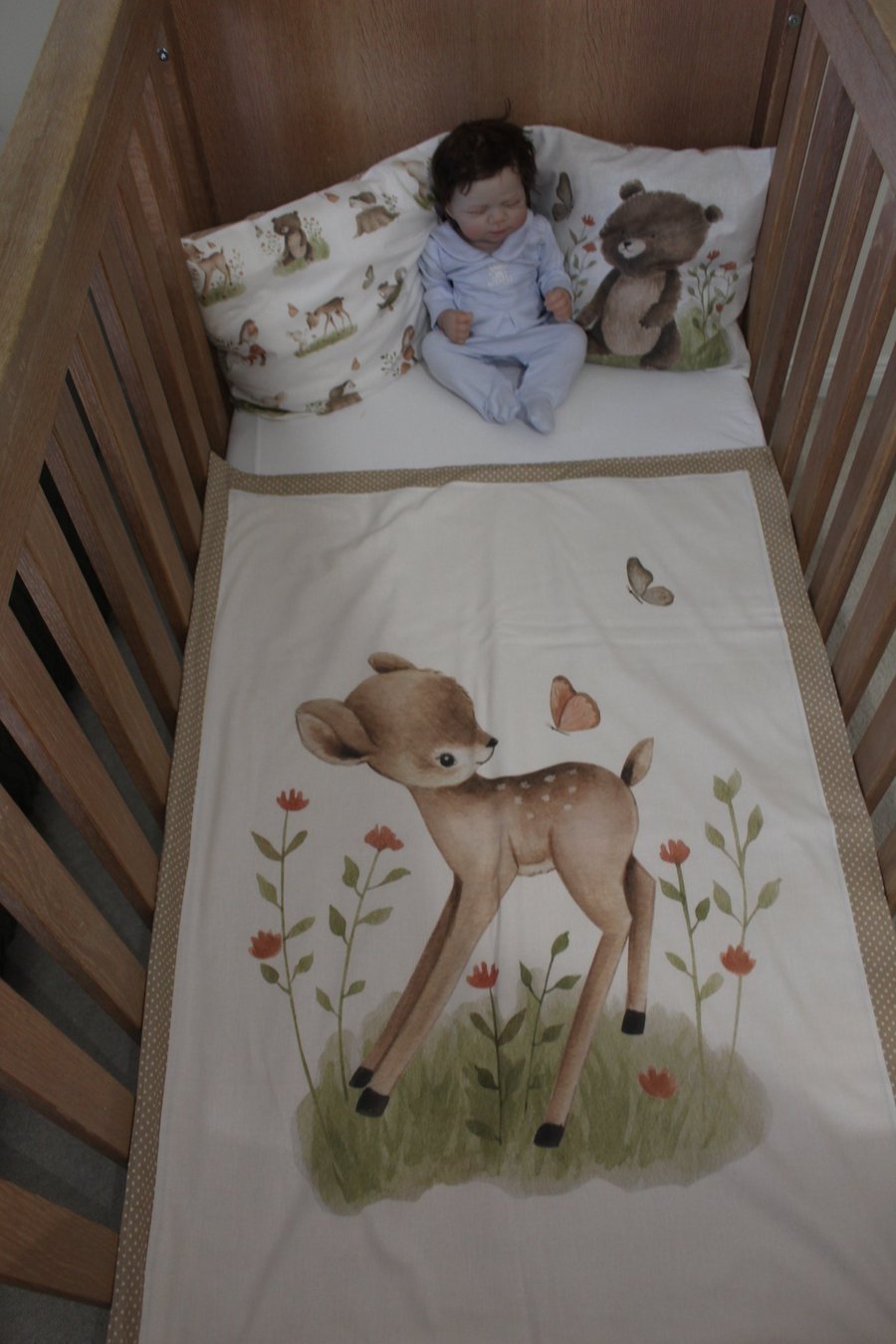 Handmade Padded Cot Quilt Set – Baby Deer Motif, Pillowcase, Cushion Cover 