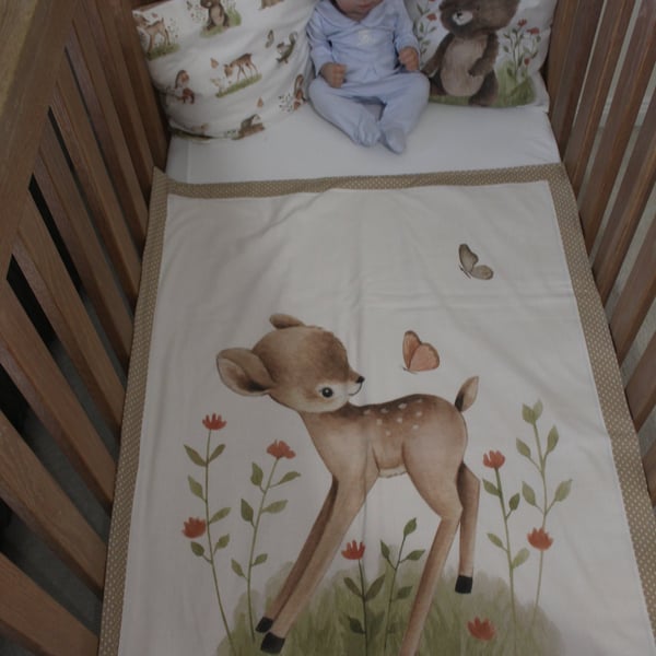 Handmade Padded Cot Quilt Set – Baby Deer Motif, Pillowcase, Cushion Cover 