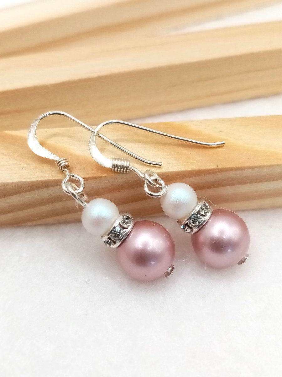 Austrian Crystal Pearl Earrings in Dusky Pink - Pink Pearl