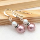 Austrian Crystal Pearl Earrings in Dusky Pink - Pink Pearl