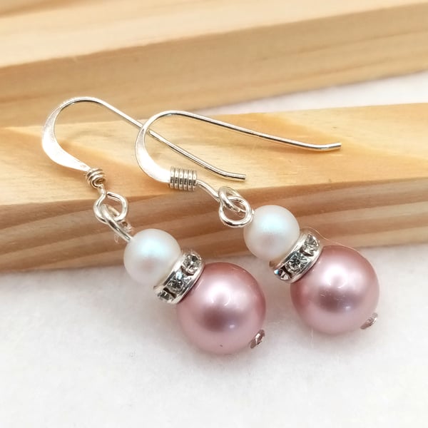 Austrian Crystal Pearl Earrings in Dusky Pink - Pink Pearl