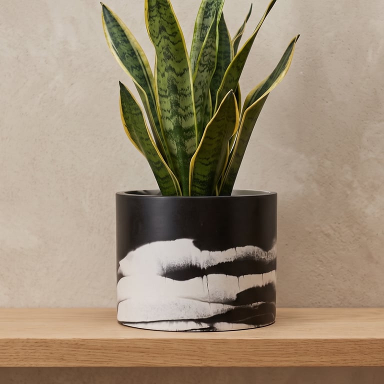 Black and White 15cm Marbled Round Plant Pot  - Large Monochrome Planter 