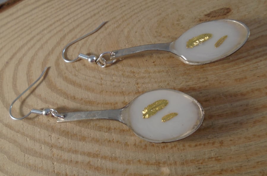 Upcycled Silver Plated White Feather Sugar Tong Spoon Drop Earrings SPE071923