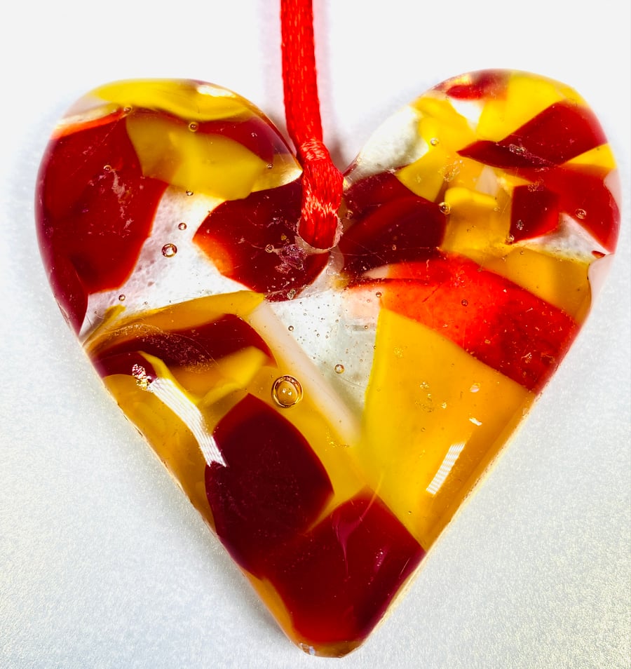 Fused glass love heart- hanging glass heart 