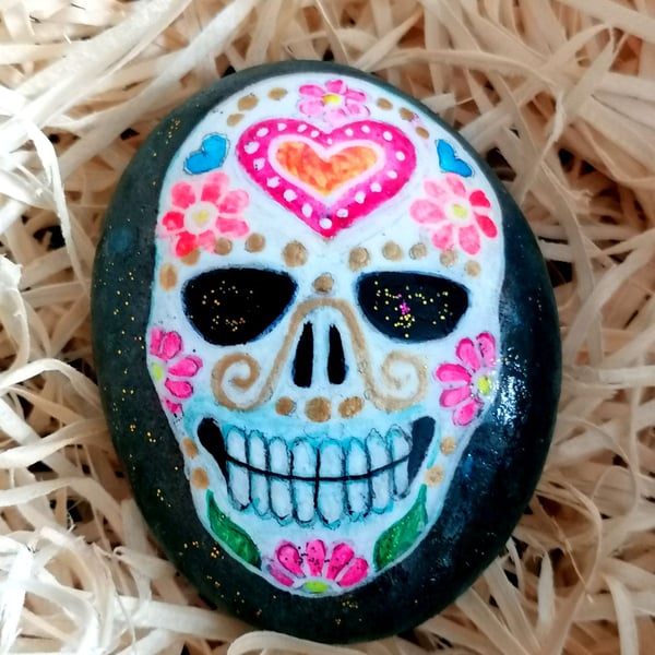 Rock Art Sugar Skull, Hand Painted.