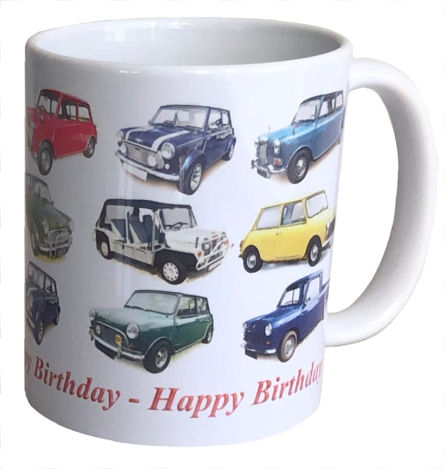 Mini Classic Cars - 11oz Ceramic Mug - Plain and Happy Birthday