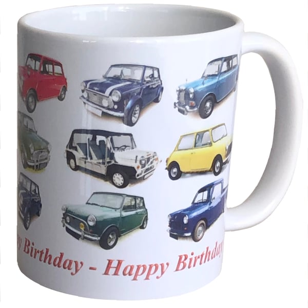 Mini Classic Cars - 11oz Ceramic Mug - Plain and Happy Birthday