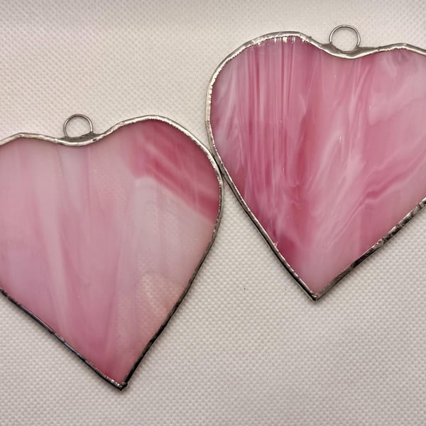 Stained glass pair of hearts in multi-pink glass - very attractive (medium size)