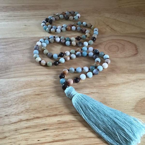 Andean Opal and Bronzite hand knotted long tassel necklace (108 beads)