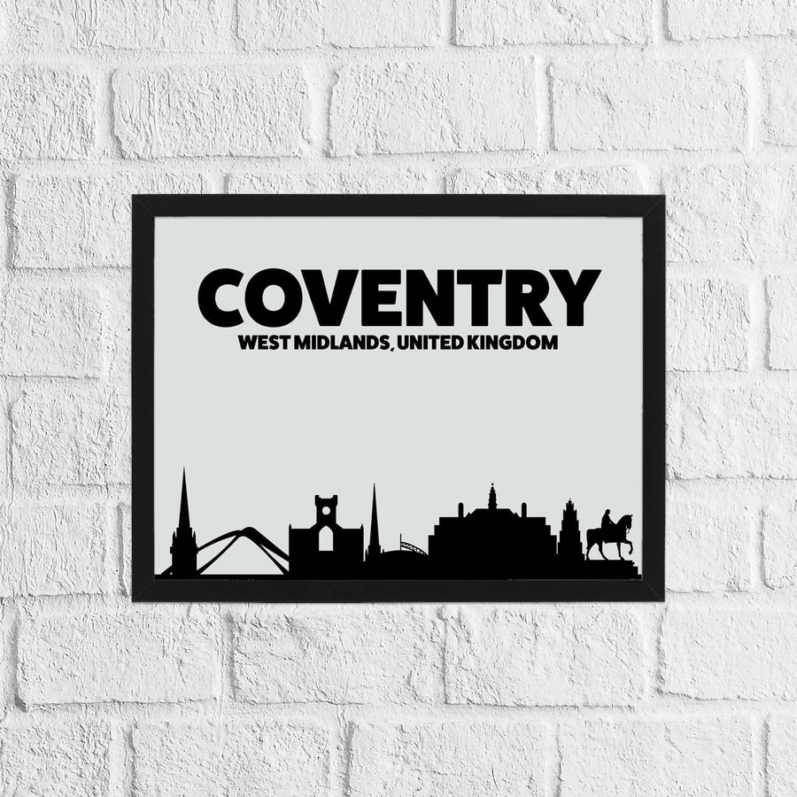 Skyline silhouette of Coventry, Warwickshire, UK, grey and black print