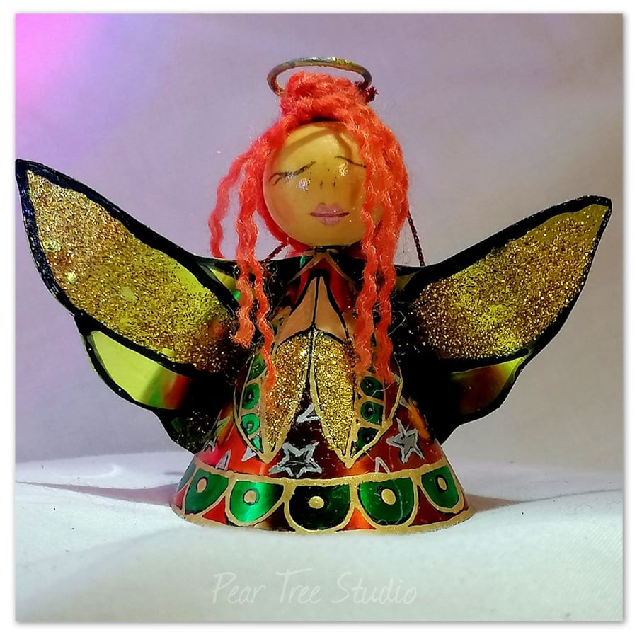 Small: Tin Angel Christmas Tree decoration ( Orange and Green ) 
