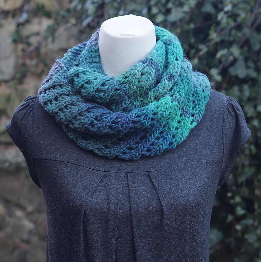 SCARF knitted infinity - green blue diagonal lace cowl, snood, women's knitwear 