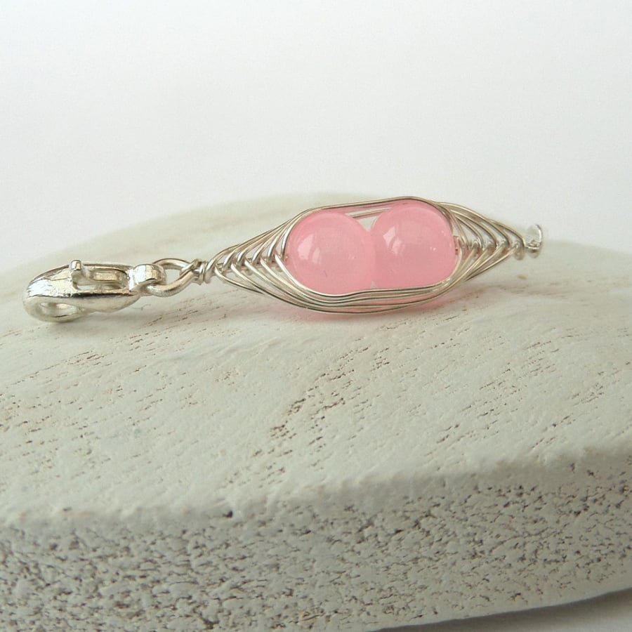 Peas in a Pod pink jade clip on charm, bracelet charm, pendant charm