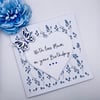Happy birthday card with blue wildflower, heart with message and  butterfly