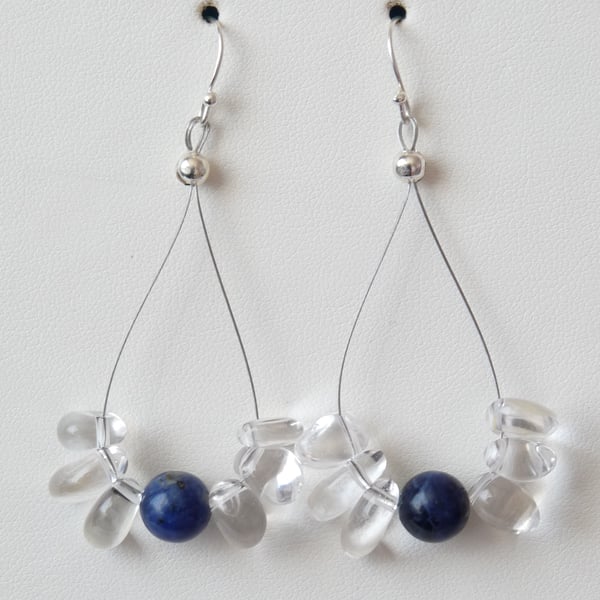 Clear Quartz and Sodalite Drop Earrings- Genuine Gemstone 