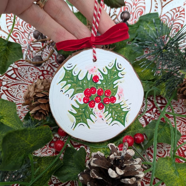 Holly berry hand-painted log slice Christmas decoration 