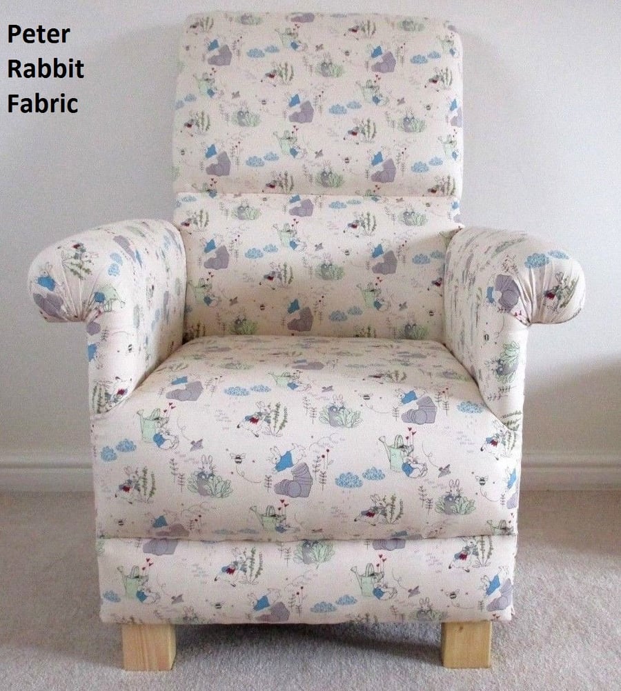 Peter Rabbit Fabric Adult Chair Nursery Armchair Beatrix Potter Cream Blue Bunny
