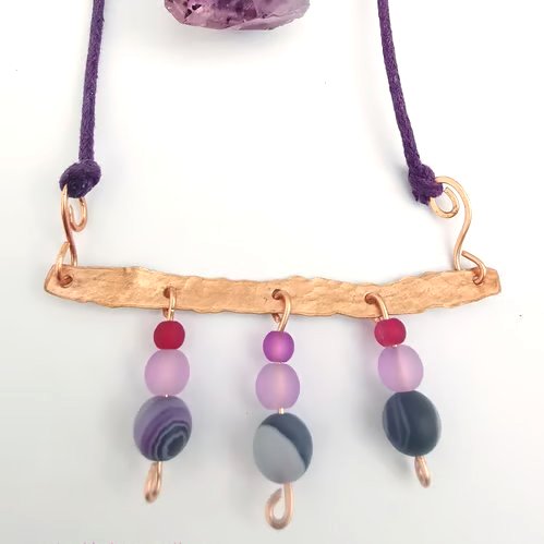 Hammered Copper, Crystal and Glass Purple Waxed Cotton Necklace