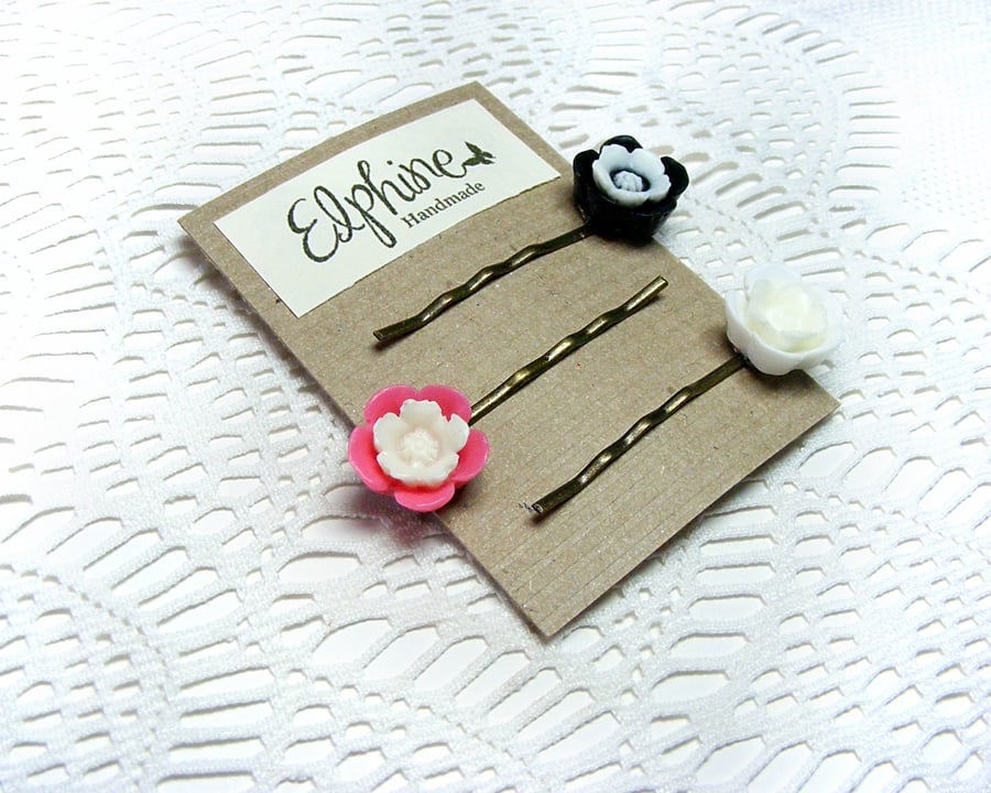 SALE! 20% off! Trio of Bobby Pins in Black, White and Pink