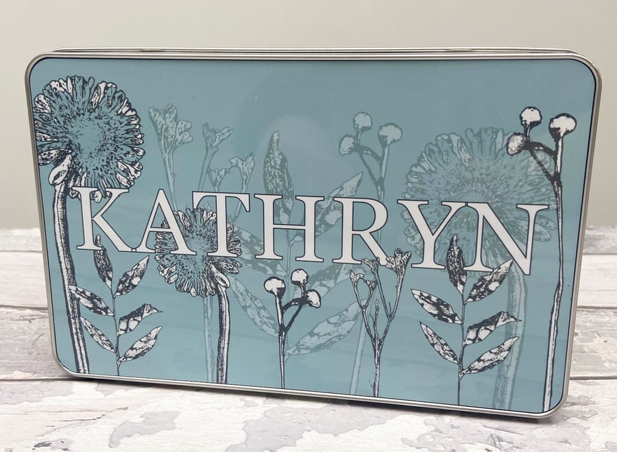 Personalised Rectangular Metal Storage Tin in Gerbra Design