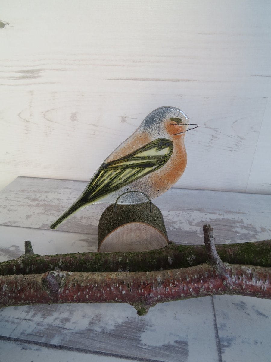 A Chaffinch On a Log Fused Glass Ornament, Bird Lovers Gift