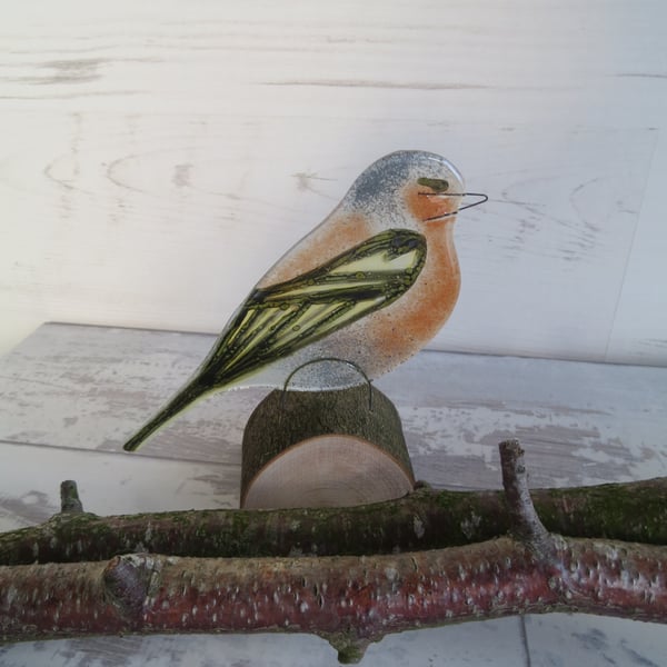 A Chaffinch On a Log Fused Glass Ornament, Bird Lovers Gift