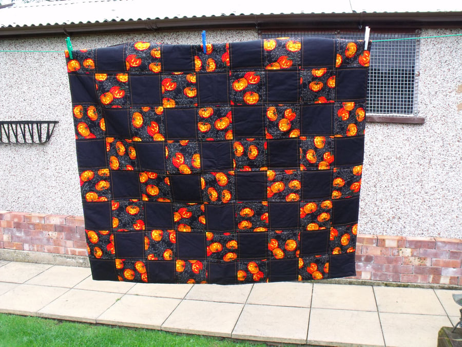 black and orange pumpkin halloween quilted sofa throw, 45 x 51 inches
