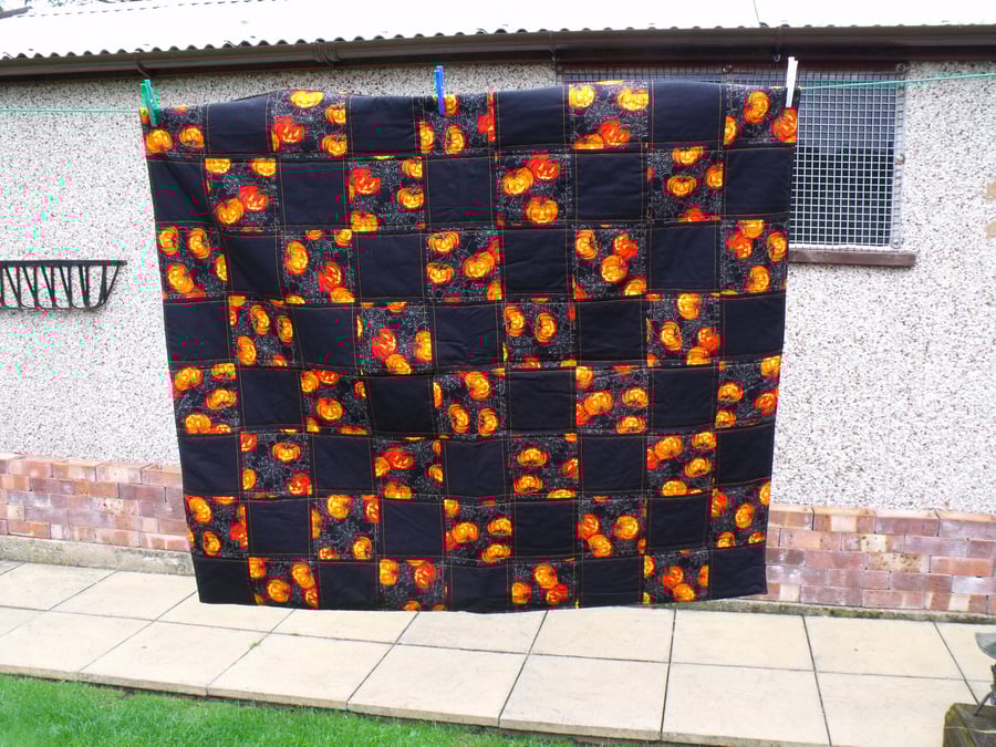 black and orange pumpkin halloween quilted sofa throw, 45 x 51 inches