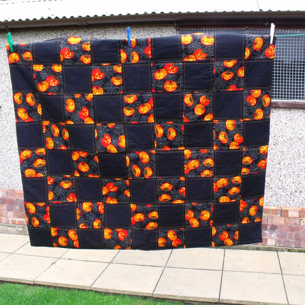 black and orange pumpkin halloween quilted sofa throw, 45 x 51 inches