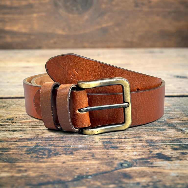 Mustard leather mens belt double loop with brass buckle 1.5 inch
