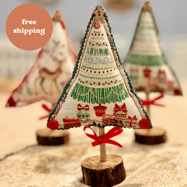 Mini Fabric and Felt Christmas tree on Natural Base - Free Shipping