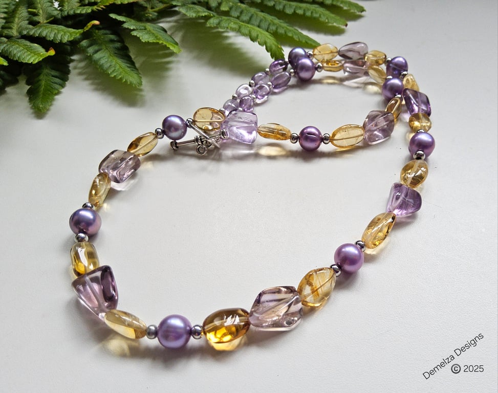Designer Ametrine, Amethyst, Citrine & Freshwater Culture Pearls Necklace