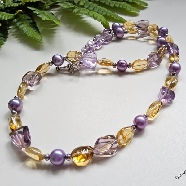 Designer Ametrine, Amethyst, Citrine & Freshwater Culture Pearls Necklace