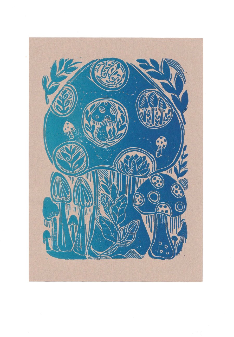 A5 Blue Toadstool -Original Linocut Print 