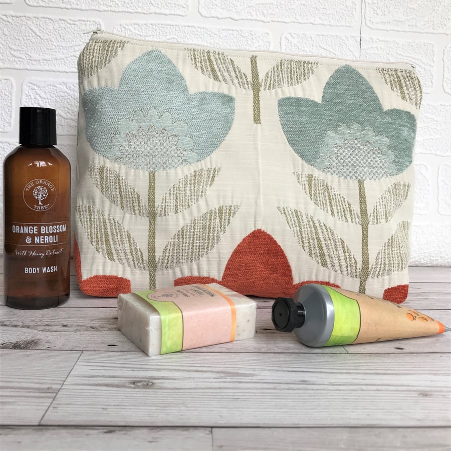 Cream toiletry bag, wash bag with textured stylised tulips