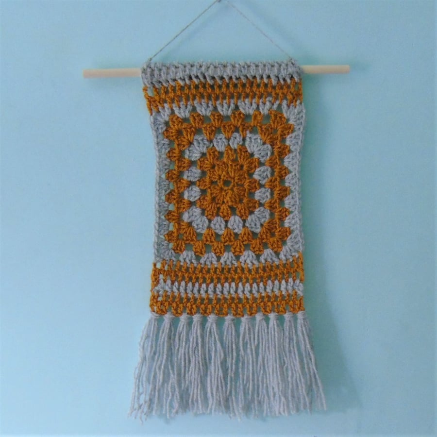 Boho crochet wall hanging - mustard and grey