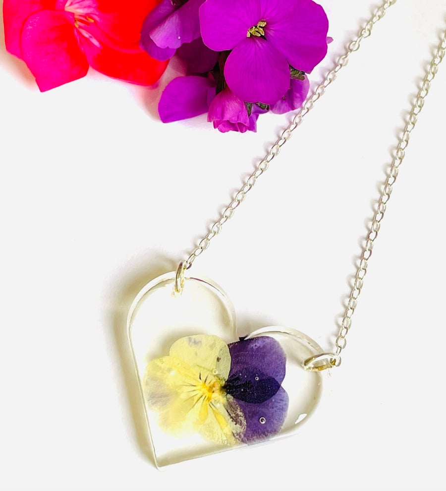 Viola heart necklace, pressed flower necklace, silver heart pendant, valentines 